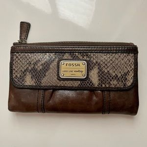 Fossil Snakeskin Brown Leather Flap Wallet